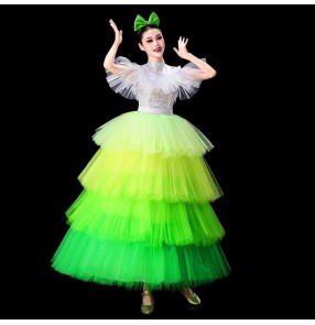 Women girls green silver sequin jazz dance dresses choir gogo dancers stage performance tutu skirts modern ballet dance outfits